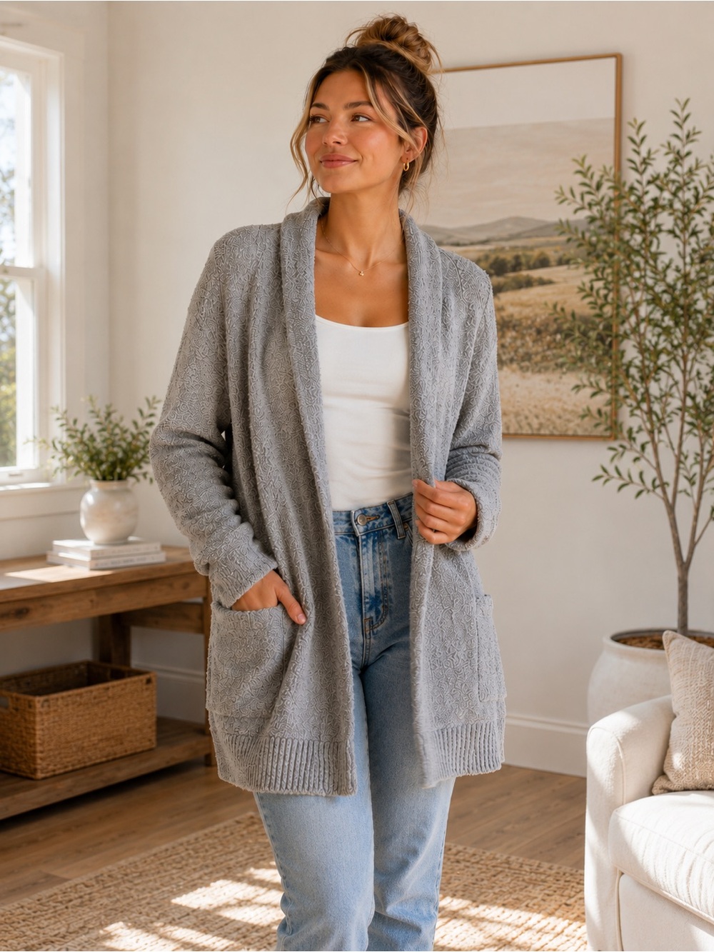 S Vince Knit Cardigan Shawl Collar Cozy Grey